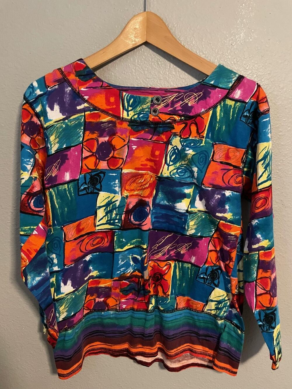 Vintage Carole Little Womens Top Size Petite Multicolor Patchwork Artsy 90s